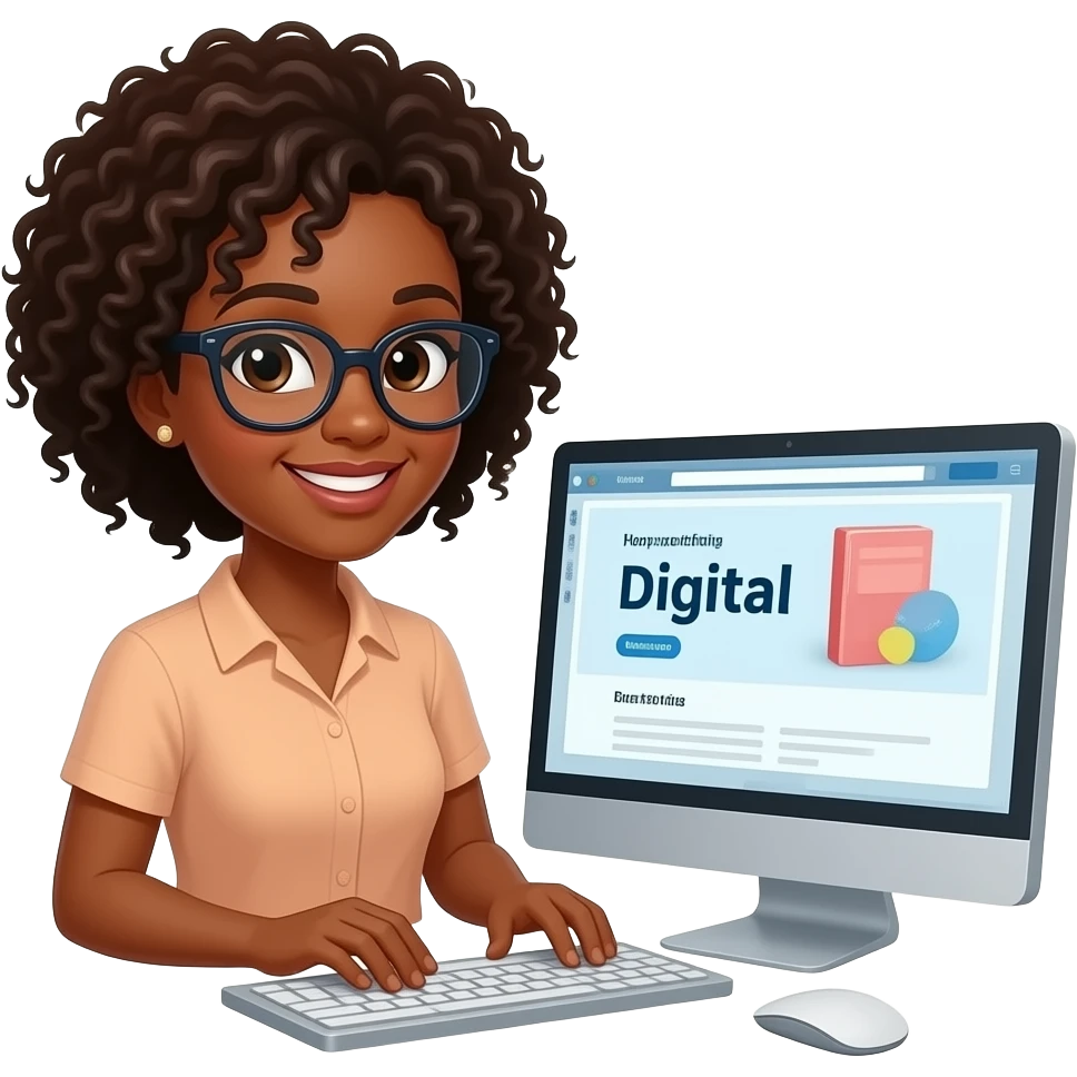 African american teacher sharing her digital portfolio site  on her computer emoji