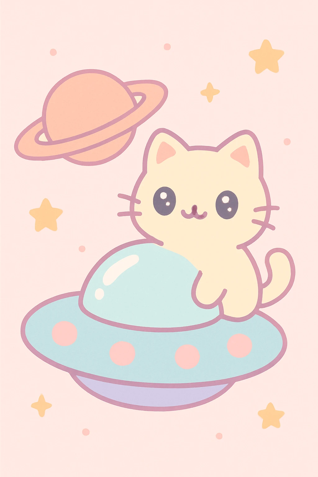 a cat perched on a UFO, Saturn's rings visible, cute illustration emoji