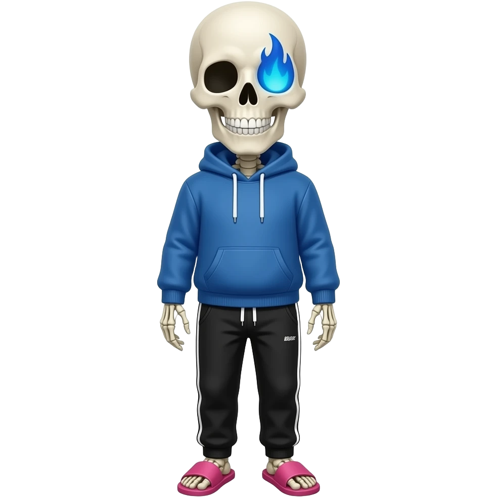 Sans the skeleton, blue hoodie, a grin, right eye has a blue flame, black jogging pants, pink slippers emoji