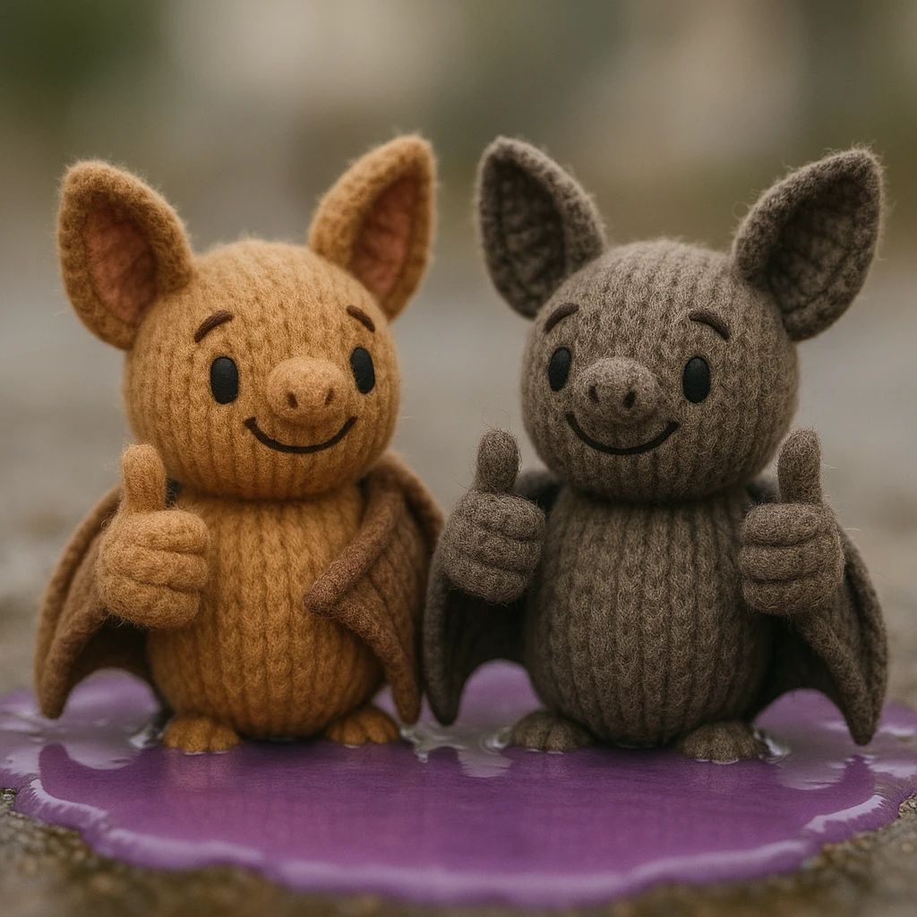two knitted toy fruit bats giving a thumbs-up, sitting in a puddle of purple liquid, plush portrait style emoji