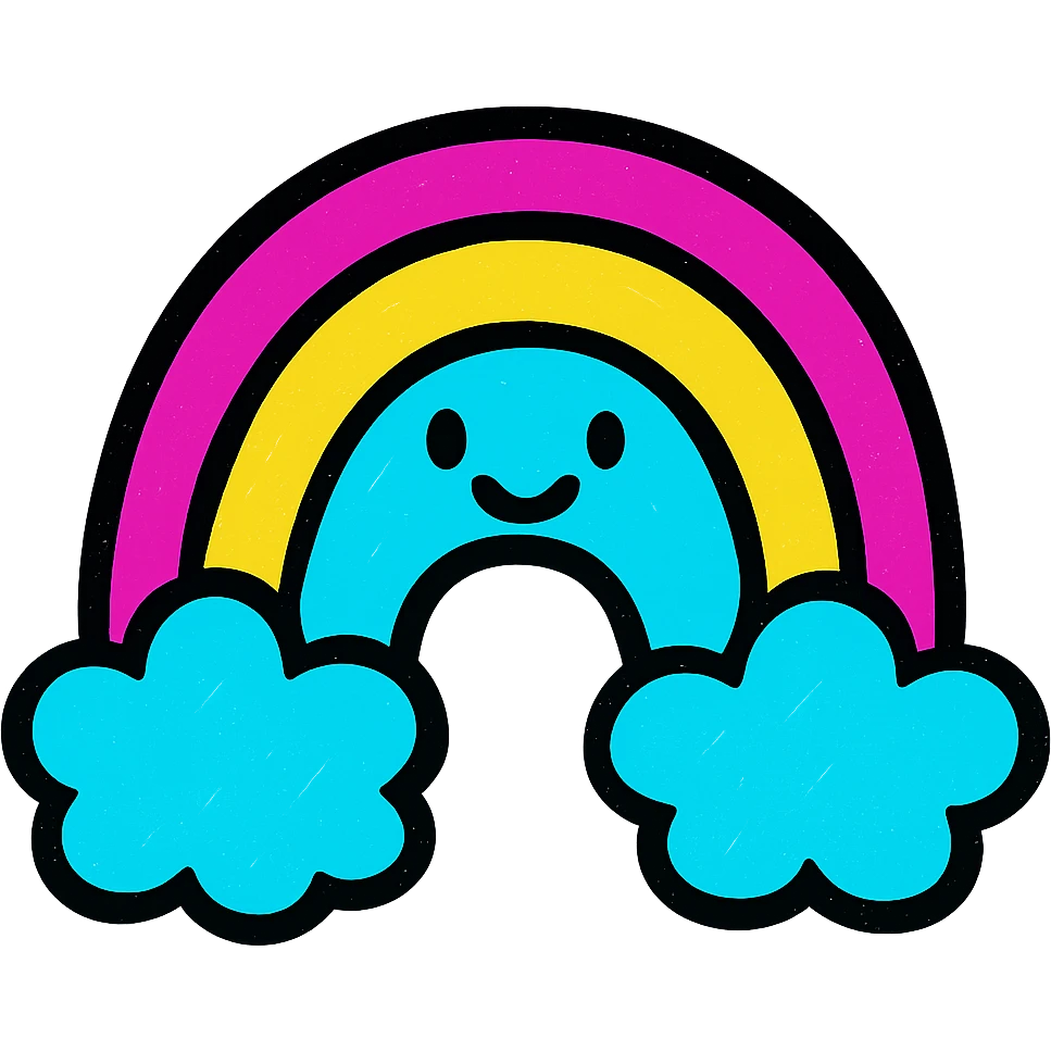 a cheerful rainbow with clouds, vivid and lively, pop colors style emoji
