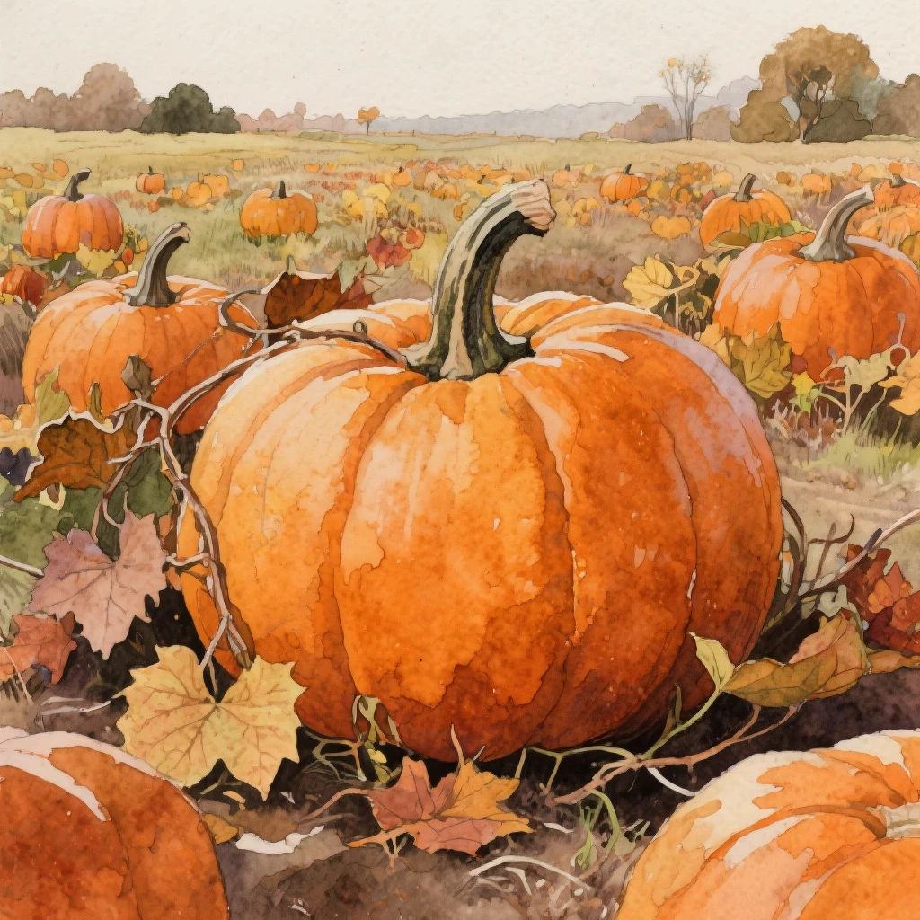 autumn pumpkin patch illustration, large pumpkins with leaves and vines, rustic style, orange and earthy tones, watercolor texture background emoji