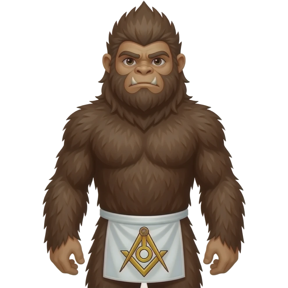 Sasquatch is a fashionable young male brunette yeti with a stylish crest-shaped hairstyle and a Masonic apron on his belt. emoji