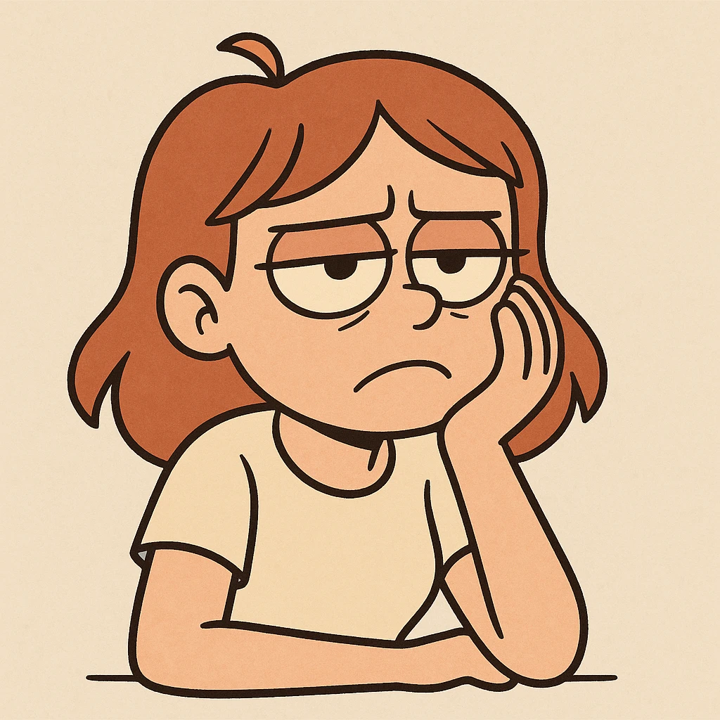 chica aburrida pensando, estilo cartoon simple, fondo claro emoji