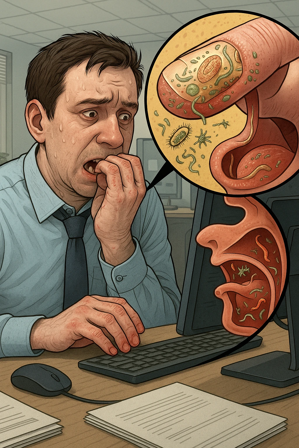 Anxious man at office desk unconsciously biting fingernails, microscopic overlay showing parasitic eggs and bacteria concentrated under nail beds, worms and microorganisms being consumed with each bite, expression of nervous habit unaware of contamination, computer screen reflecting his stress while he infects himself, fingertips raw and bleeding from chronic nail-biting, invisible parasite colonies entering his digestive system emoji