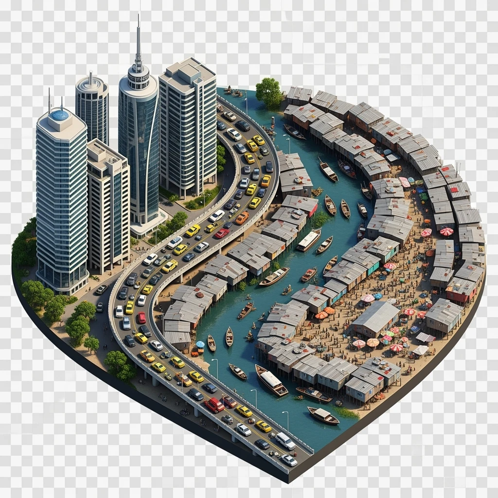 Isometric miniature of Lagos Lekki-Ikoyi Bridge, Eko Atlantic skyscrapers, Makoko slums, tin-roof shacks, chaotic markets, gridlocked traffic, 3D miniature effect and Tilt Shift effect, no cartoonish look, transparent background, don't cut angles emoji