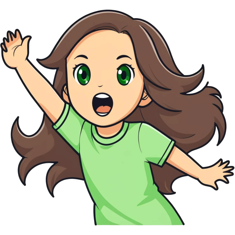 white girl, long brunette hair, green eyes screams with delight emoji