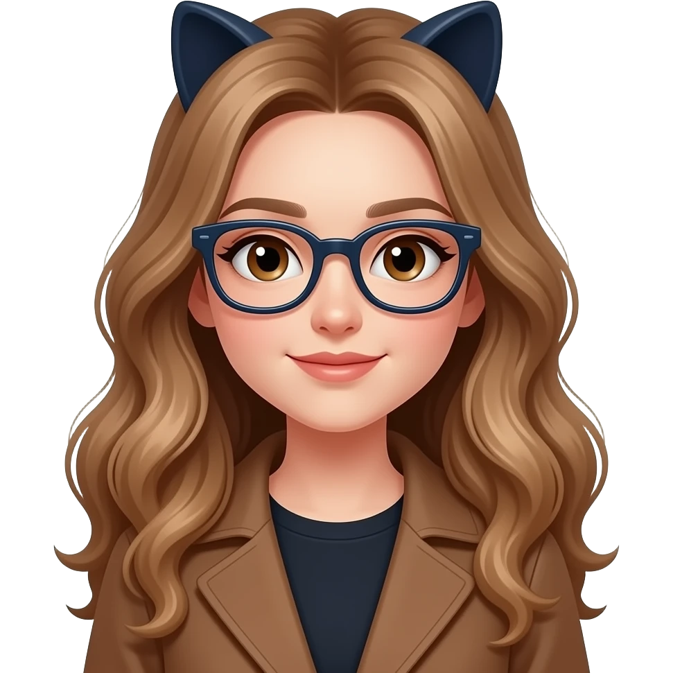 Make a very light brown wavy long hair girl with white skin brown eyes wearing dark blue cat eye wearing a brown coat emoji