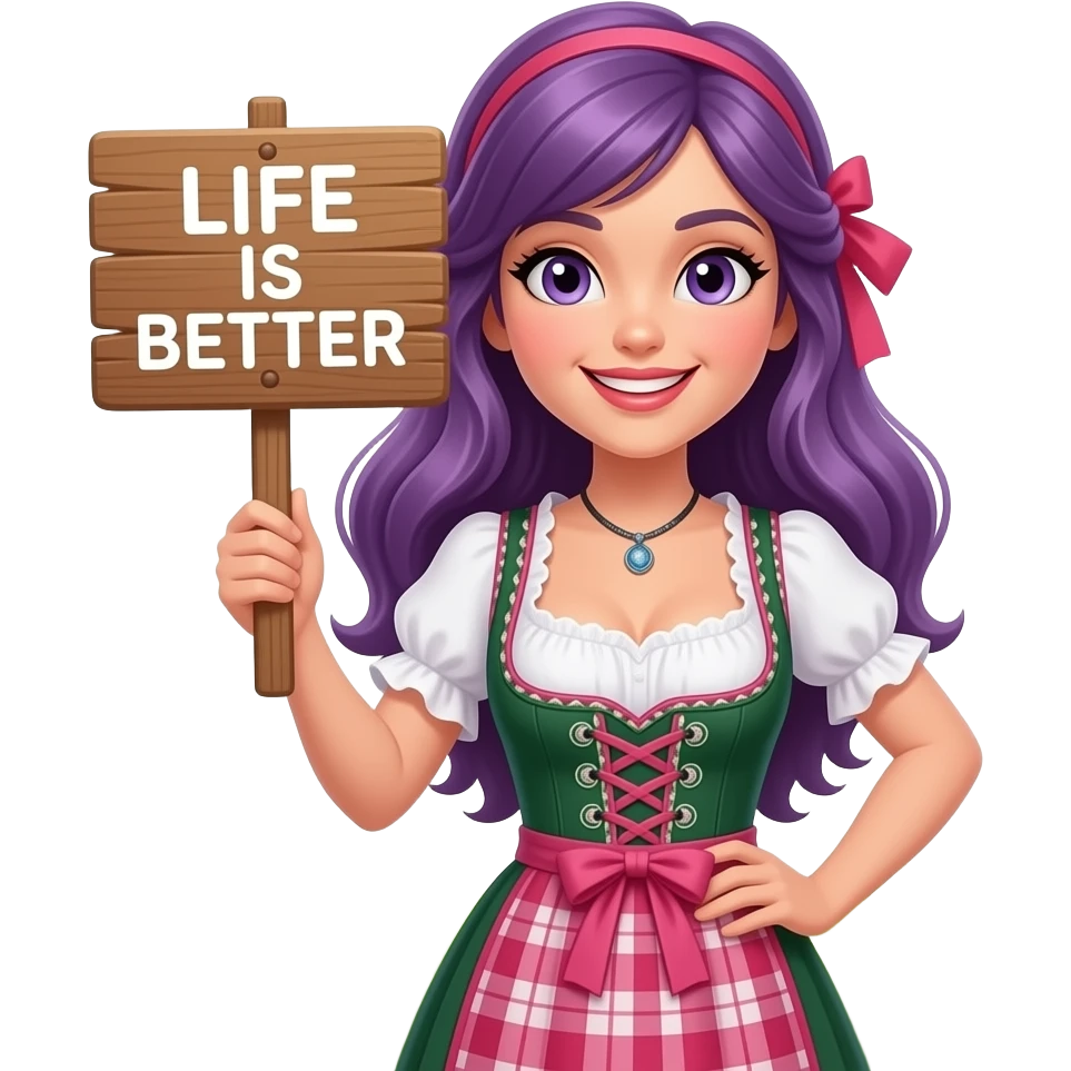 sexy girl with long purple hair and purple eyes wearing a dirndl holding a LIFE IS BETTER in a DIRNDL sign emoji