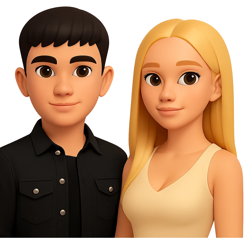 Slightly increase the volume of the upper body of the girl, separate the girl and the boy from each other, make the skin color the same for both characters. Maintain the cartoonish 3D style and keep the background transparent. emoji
