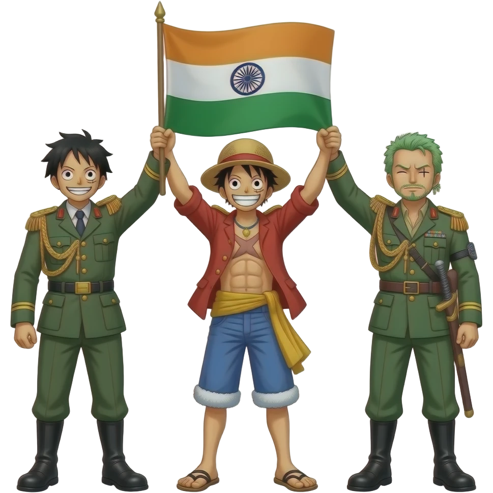Luffy and sanji then zoro from One piece all three military general has hoisted the Indian flag in Siachen glacier emoji