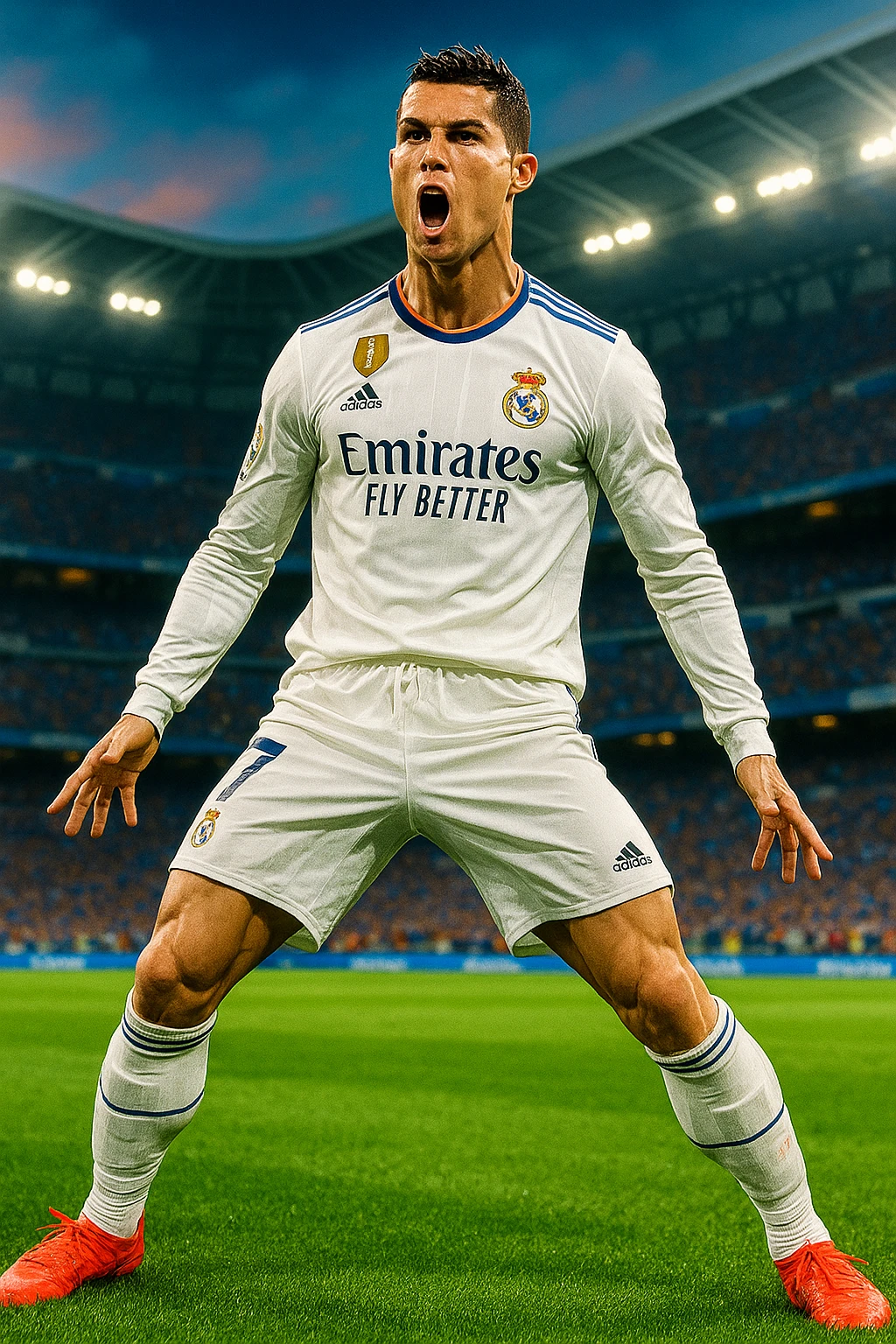 Cristiano Ronaldo in Real Madrid kit performing his iconic 'siu' celebration, energetic pose, stadium background, vibrant colors emoji