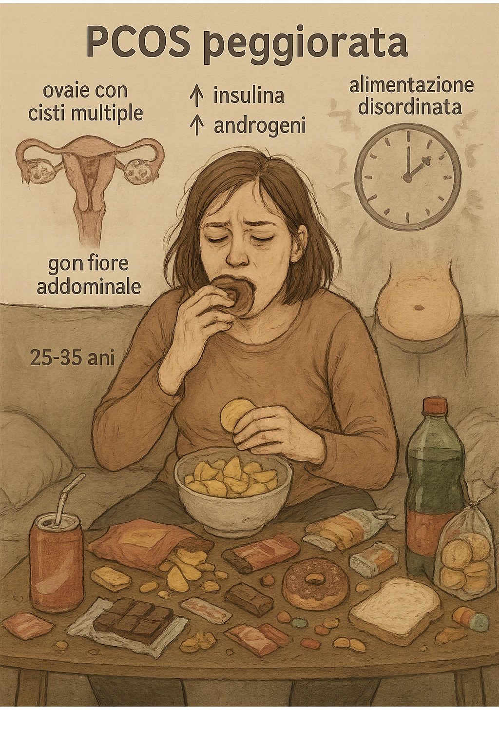 Donna tra i 25 e i 35 anni seduta sul divano o a un tavolo disordinato, circondata da cibi sparsi e poco sani: patatine, dolci, pane bianco, snack confezionati, bibite. Mangiando di fretta, ha un’espressione stanca e frustrata. Intorno a lei, in trasparenza o come illustrazione simbolica, si vedono gli effetti della PCOS peggiorata: ovaie con cisti multiple, squilibrio ormonale (↑ insulina, ↑ androgeni), gonfiore addominale. Sullo sfondo, orologio che corre o caos visivo che comunica disorganizzazione alimentare. Colori spenti e atmosfera stanca. Stile realistico con elementi simbolici e informativi. in italiano emoji