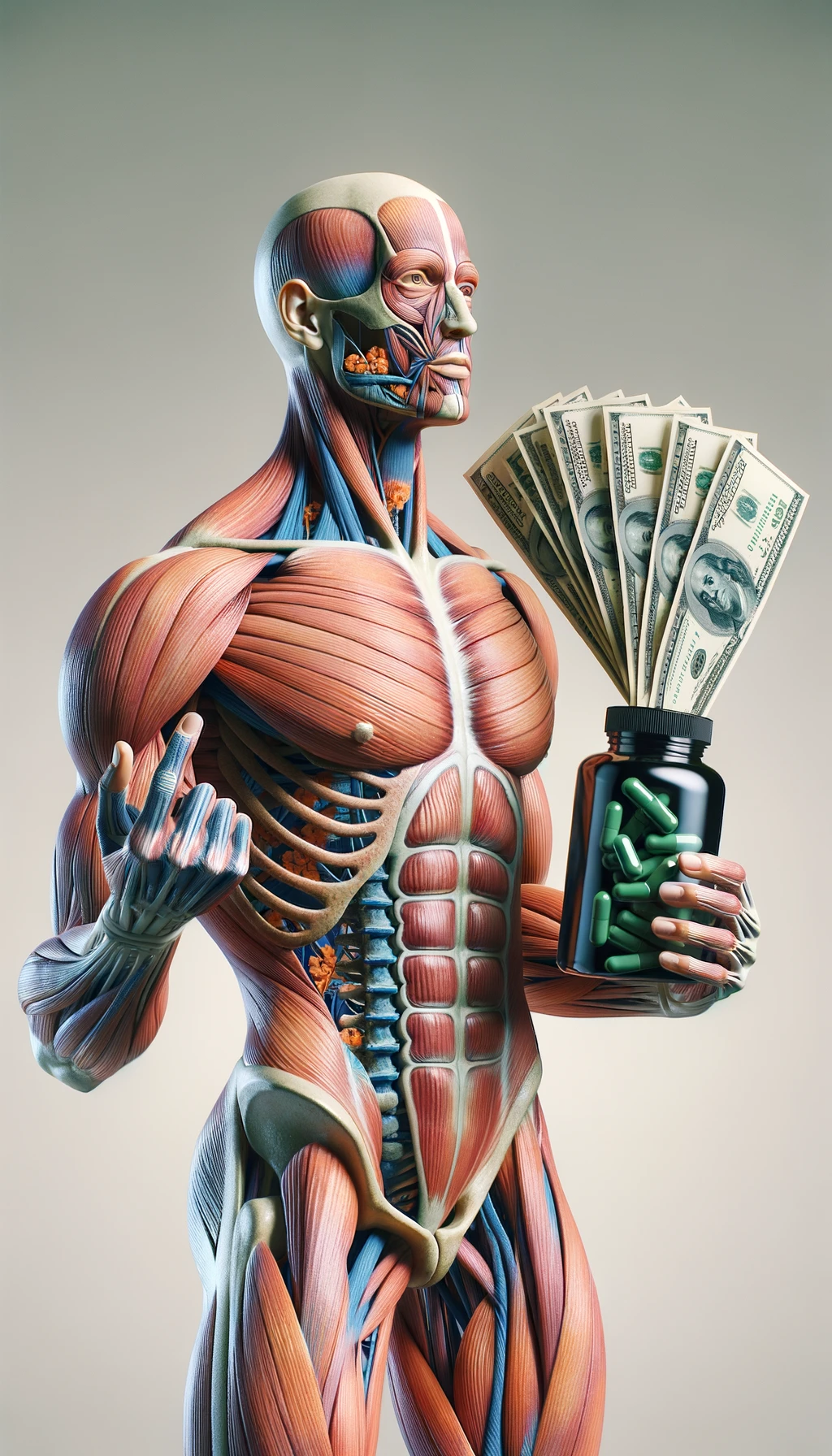 corpo umano anatomico che tiene nella mano destra una boccetta di integratore e nella mano sinistra delle banconote, sfondo neutro chiaro emoji