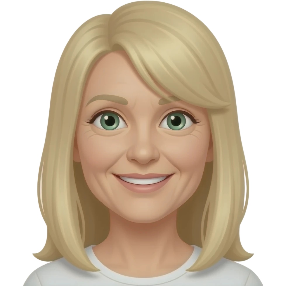 mulher cabelo longo liso loiro, rosto oval,  olhos verdes, 60 anos sorriso emoji