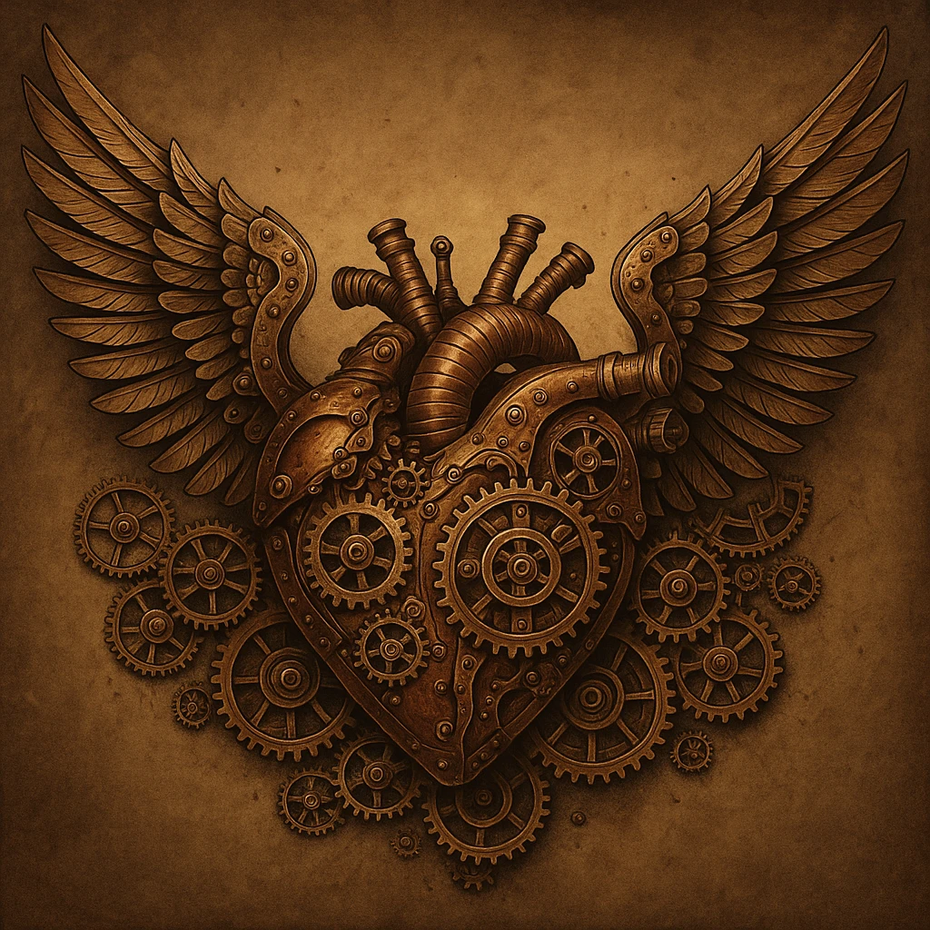 steampunk heart with mechanical wings, cogs and rivets, industrial Victorian aesthetic, detailed and artistic emoji