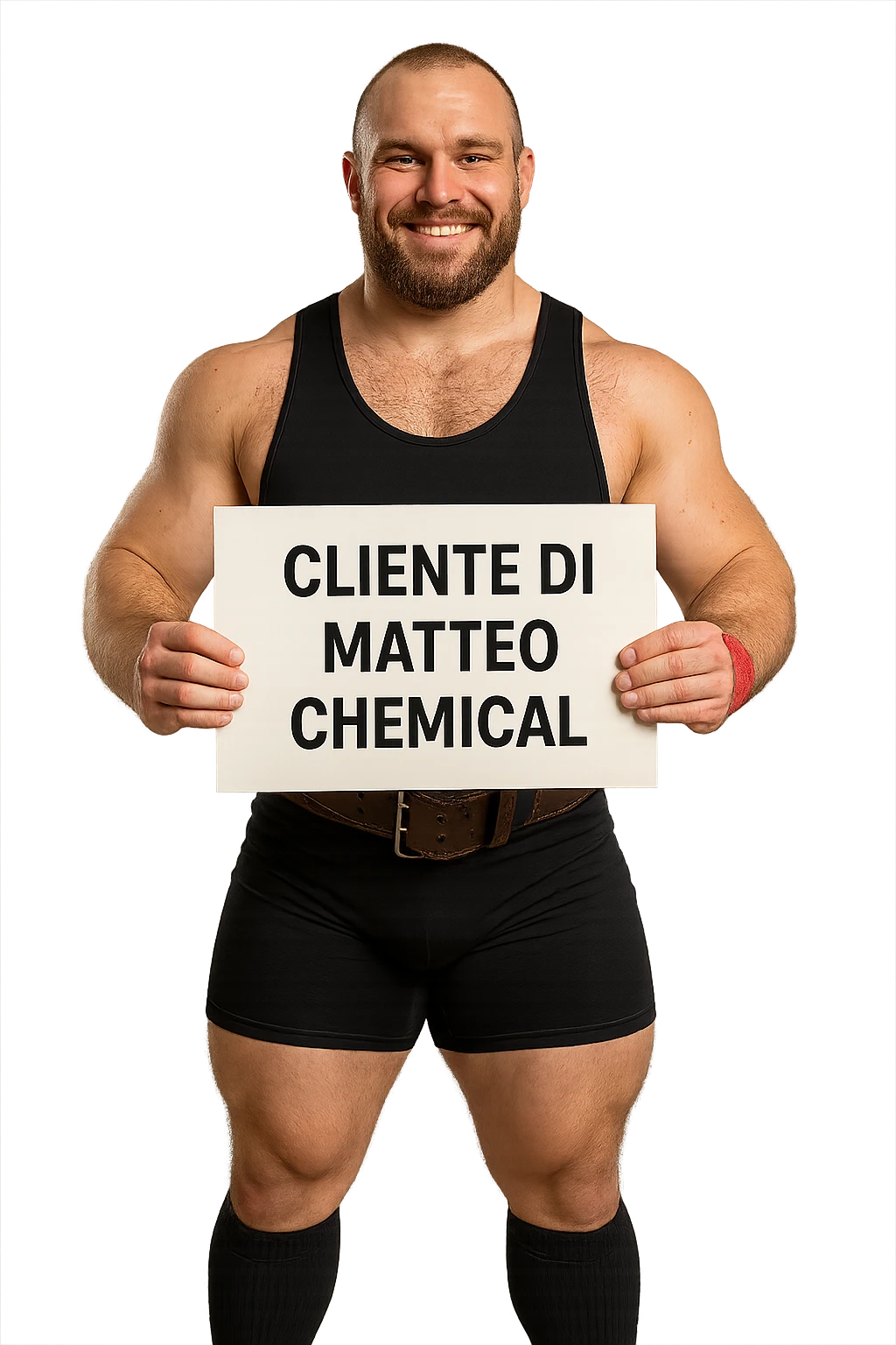 Powerlifter con in mano una targa o un foglio con scritto "Cliente di Matteo Chemical" emoji