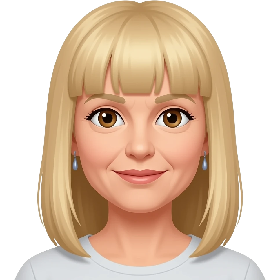 female, 50's blonde straight long hair with fringe, earrings, brown eyes emoji