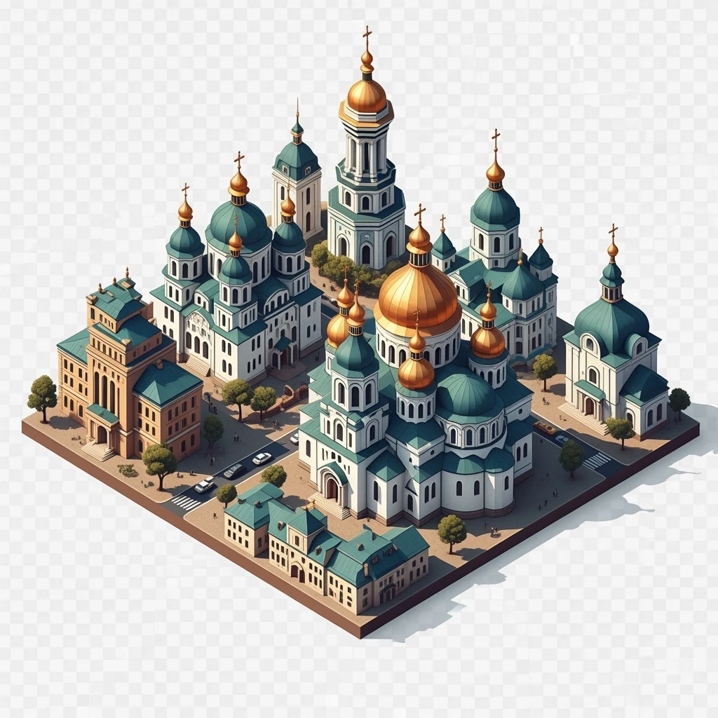 Isometric illustration of Kyiv, featuring Saint Sophia Cathedral with golden domes, balanced between stylized and realistic, 3D miniature effect, transparent background. emoji