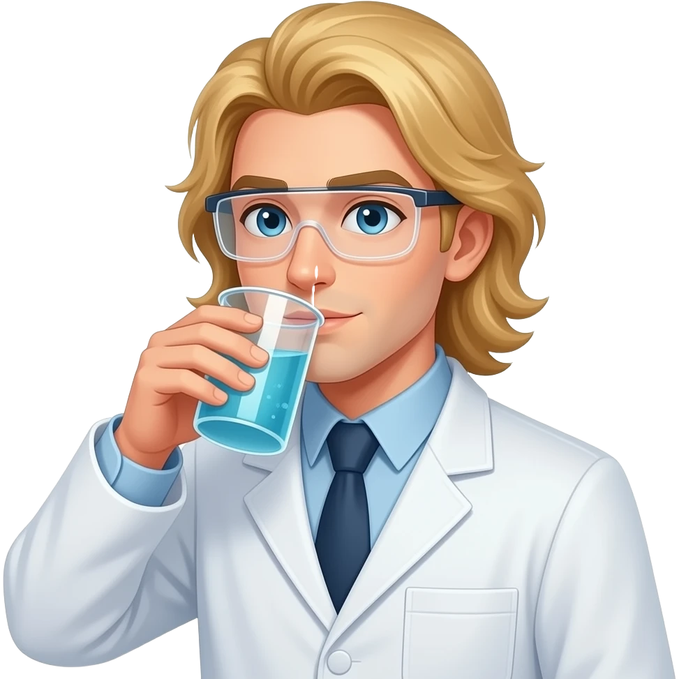 clean shaven blonde male scientist with hair to his waist drinking from specimen cup emoji