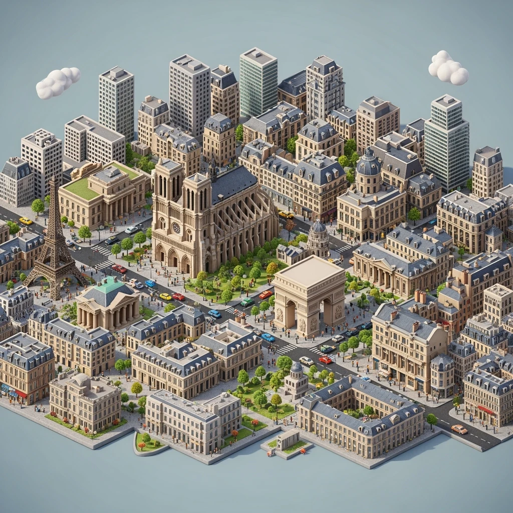 Isometric illustration of Paris, full miniature cityscape shown in the frame, 45-degree bird’s-eye view, photorealistic details, realistic lighting, clean streets, tiny cars and people, modern buildings with varied architecture, with landmark buidlings emoji