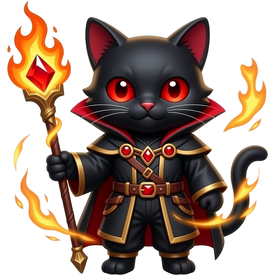 cat fire wizard, fire elements red eyes, staff with firey red gem, black and red outfit emoji