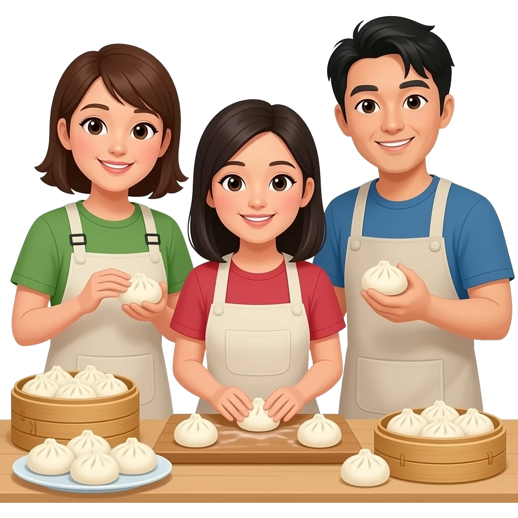 bao workshop cute at home with 1 westen female, 3 asian female 1 korean male friends emoji