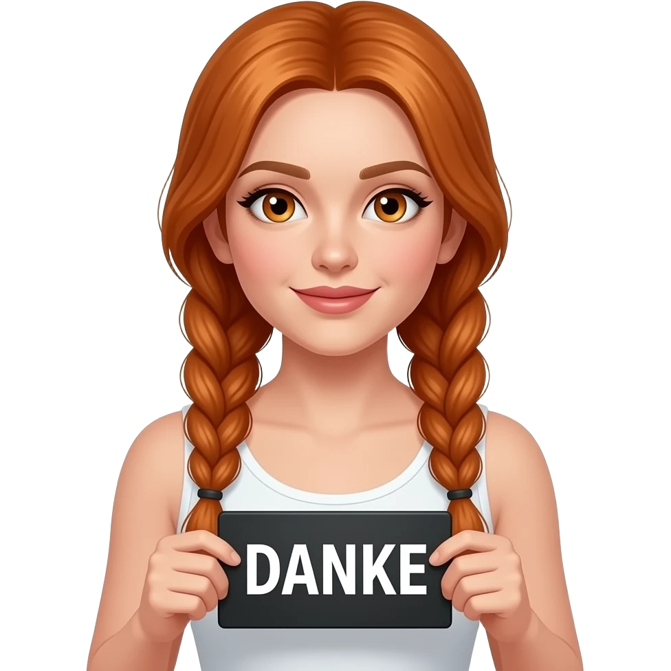 sexy girl with long ginger braids and ginger eyes wearing a white tanktop is holding a black sign with DANKE written on it emoji