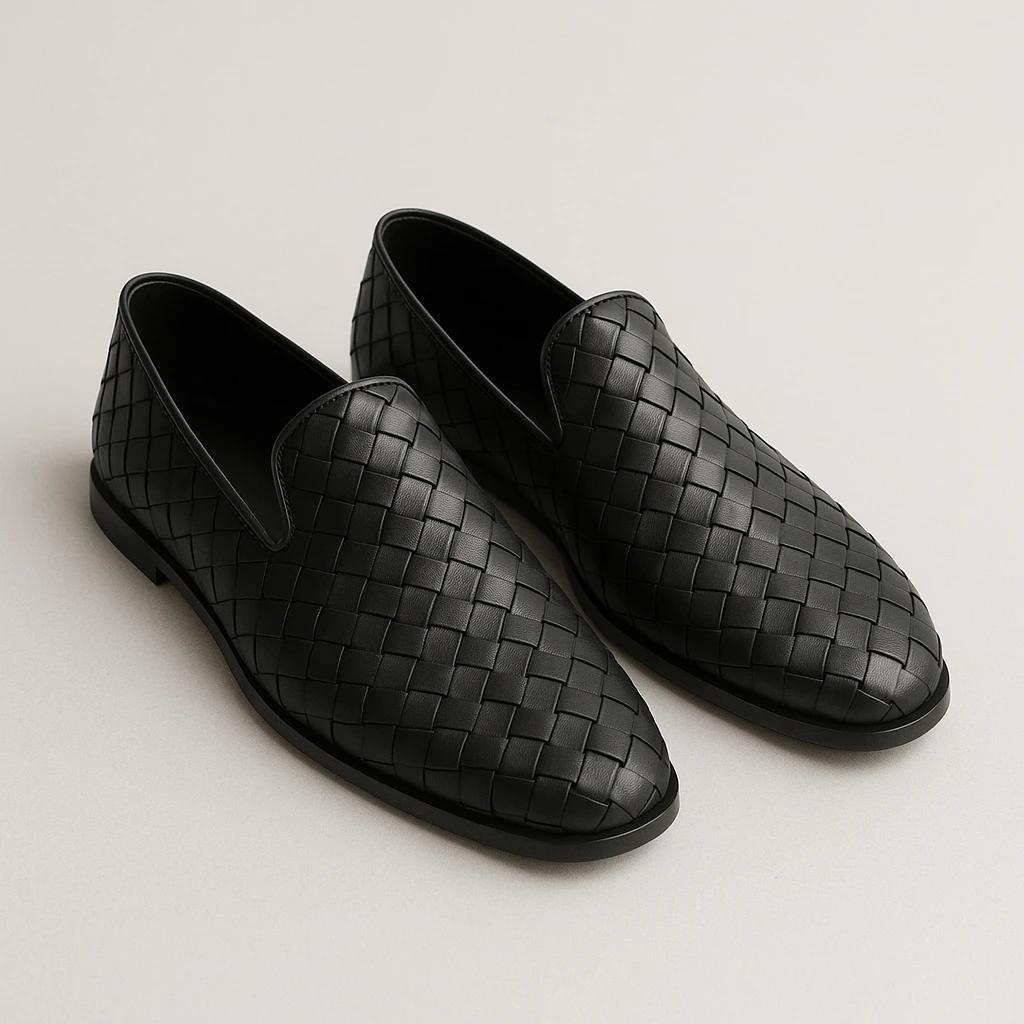 Bottega Veneta slip-on shoes, classic woven leather, minimalist and chic, simple background emoji