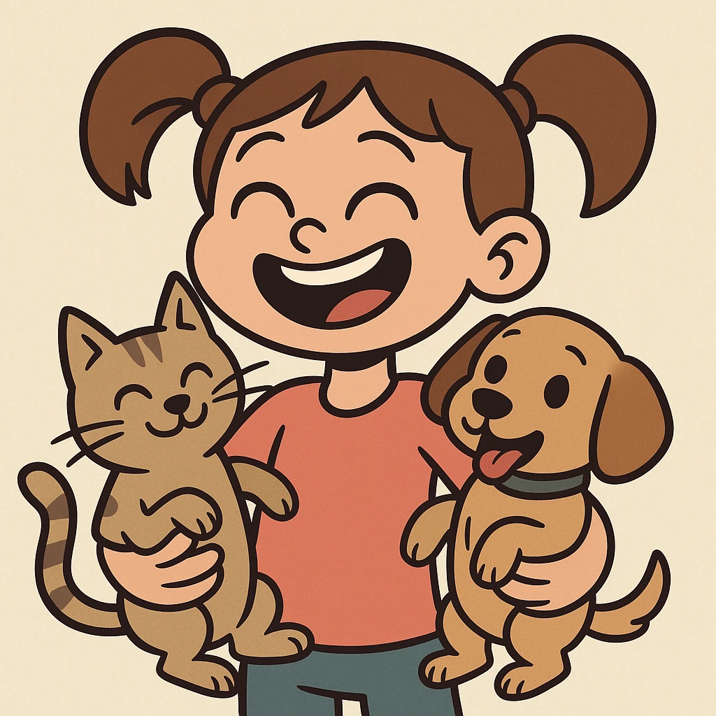 flat toon style icon of a small girl with pigtails holding a cat in one arm and a dog in the other, soft colors, friendly and modern look emoji