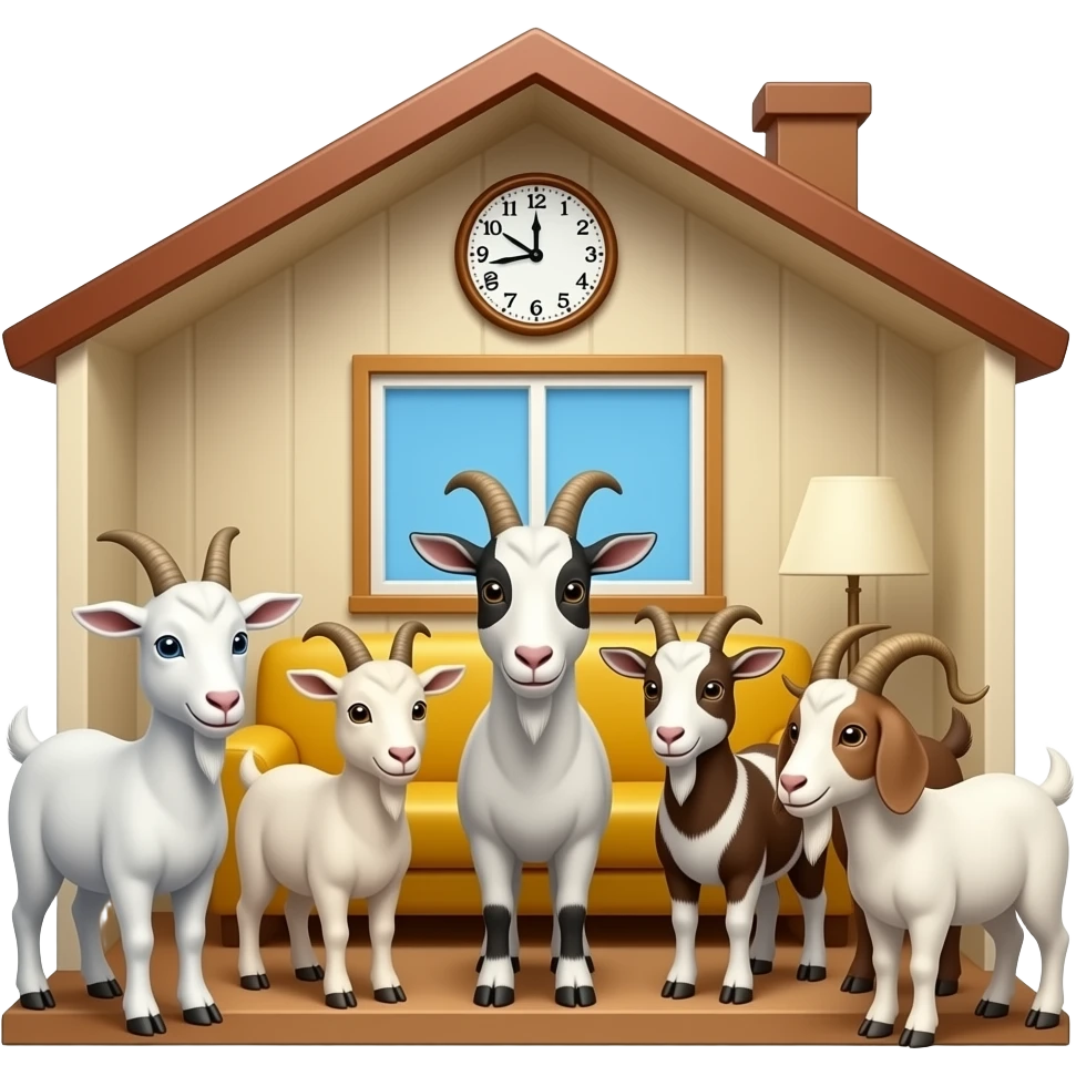 siete cabritas dentro de una casa con un sofa, un reloj... que sea realista emoji