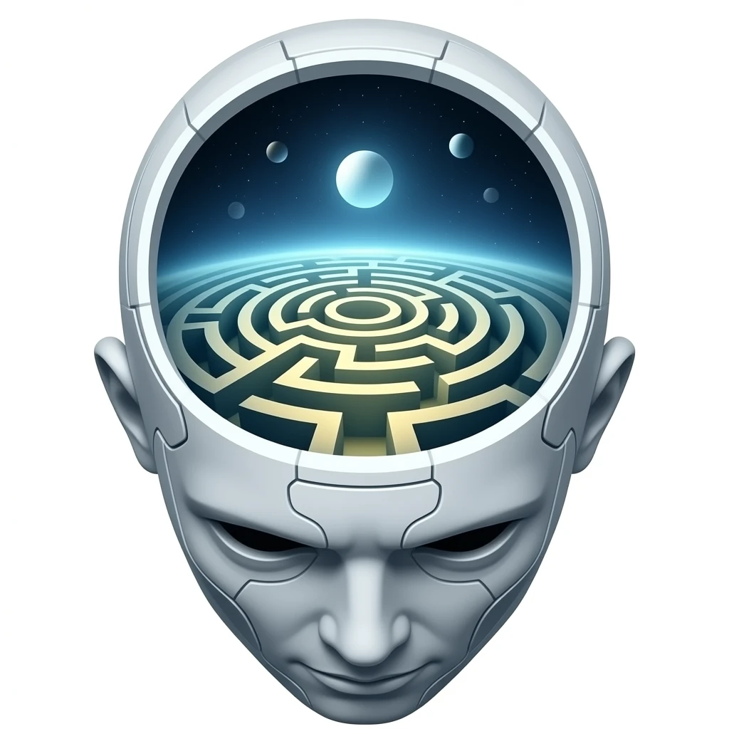 a view from above into an open futuristic cybernetic head that contains the space of an ancient labyrinth emoji