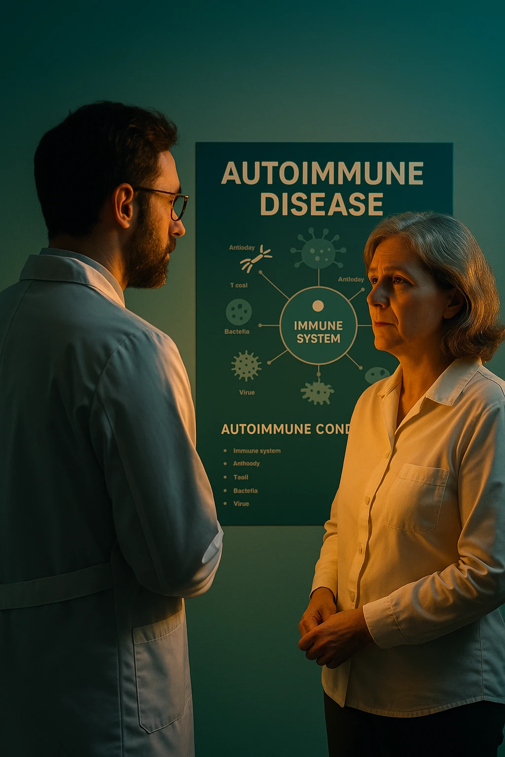 Realistic, detailed photo taken from behind of one doctor e un paziente —a bearded man and a middle-aged woman—standing and facing each other as they discuss an autoimmune disease diagnosis in front of a medical chart that displays information about the immune system and autoimmune conditions. The scene is illuminated by a yellowish, orange, warm light that softly envelops the doctors. The entire room is bathed in a single green-blue color, creating a cohesive and modern atmosphere. Both doctors wear white coats, and their body language suggests a serious, professional conversation about the complexities of autoimmune diseases. Shot with a Canon EOS R5, with high detail and natural depth of field. in italiano emoji