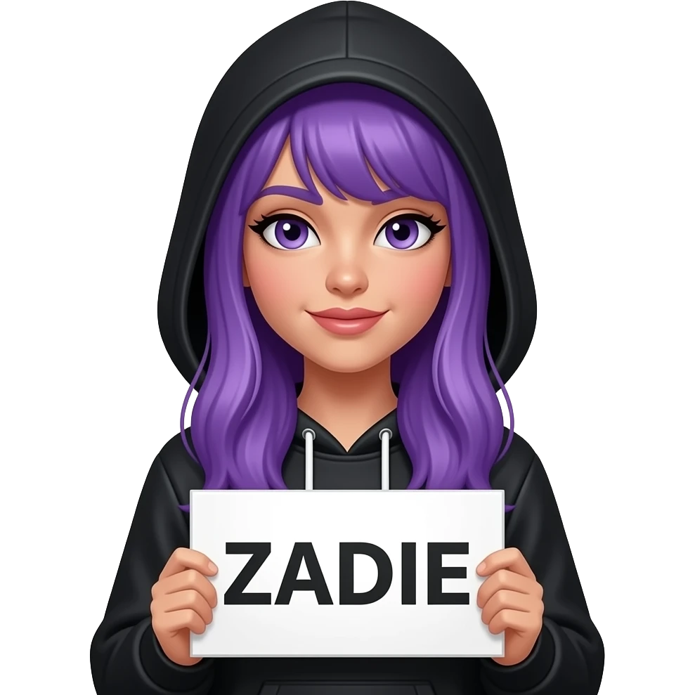 sexy girl with long purple wearing a black hoodie with the hood atop her headhair holding a ZADIE sign emoji