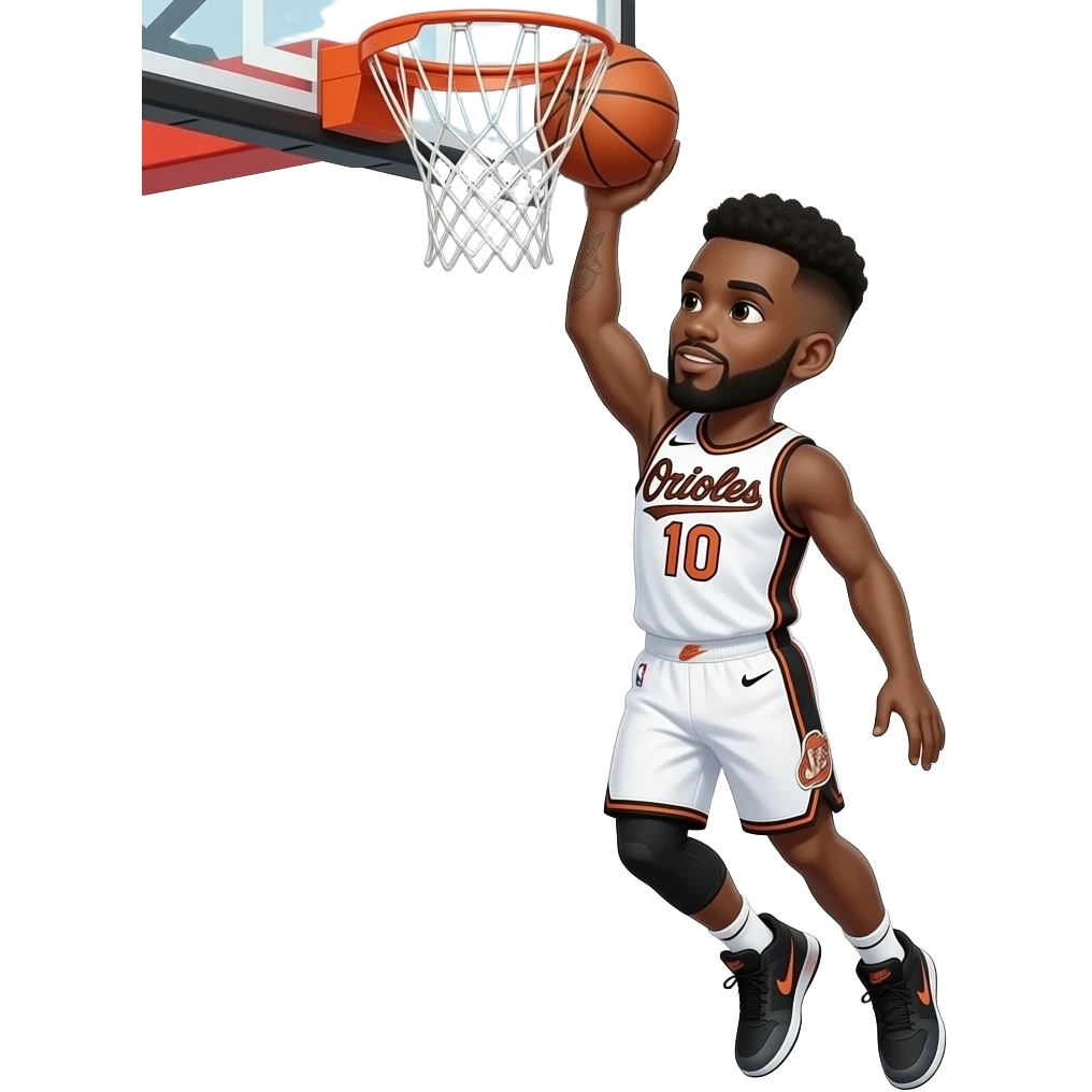 make a brown 22 year old with a brown low taper fade wearing the number 10 and the jersey is white with letters saying orioles in black and the 22 year old is dunking with the ball going in the hoop in nike js 3 shoes emoji