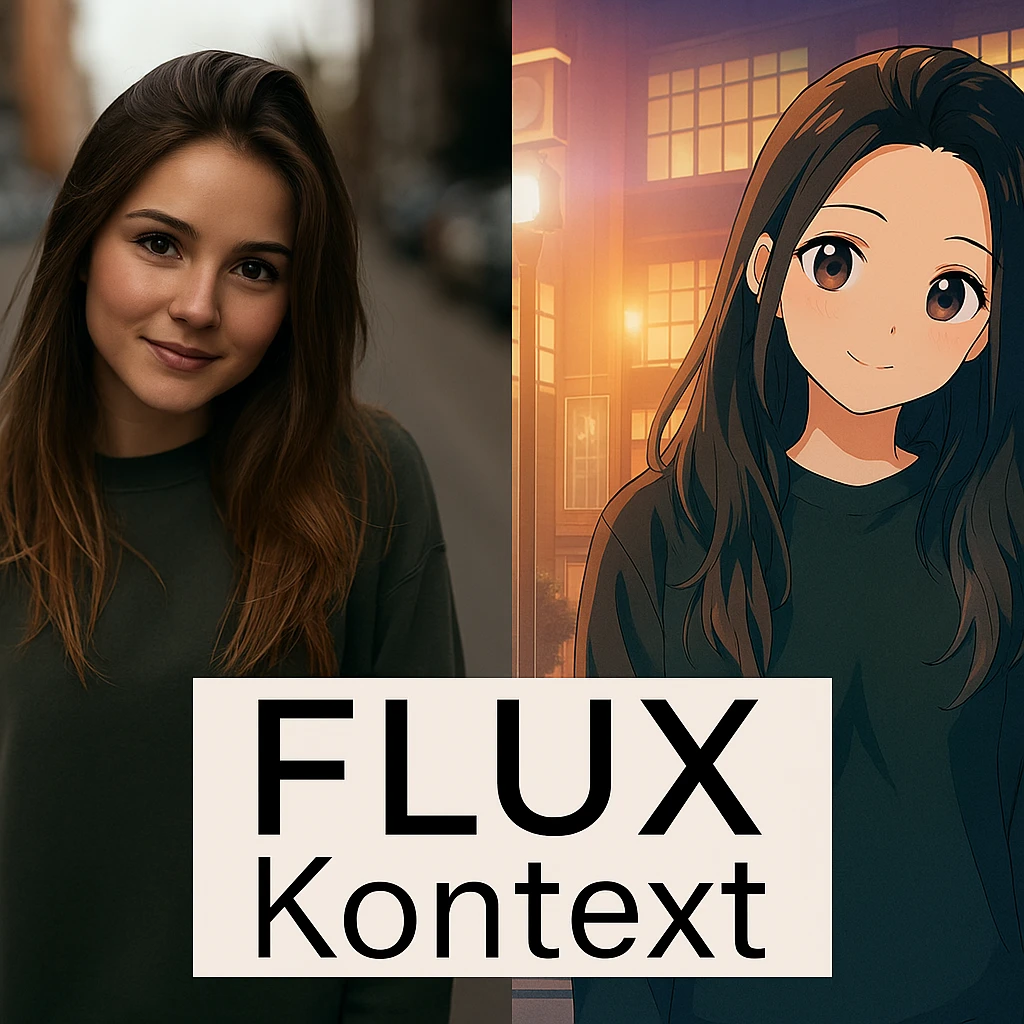 recreate this image and add logo of  text "FLUX Kontext" on top of it emoji