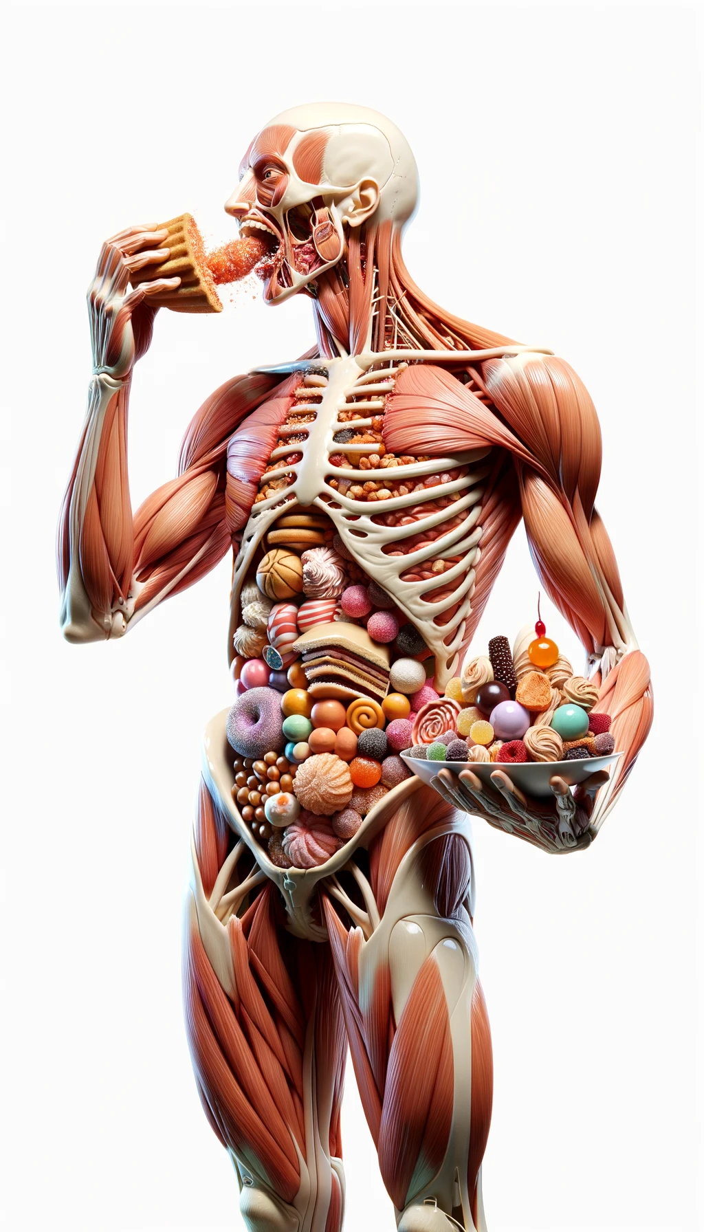 corpo umano anatomico in piedi a figura intera che si abbuffa di dolci e zuccheri, iperrealistico 4k, isolato su sfondo bianco emoji