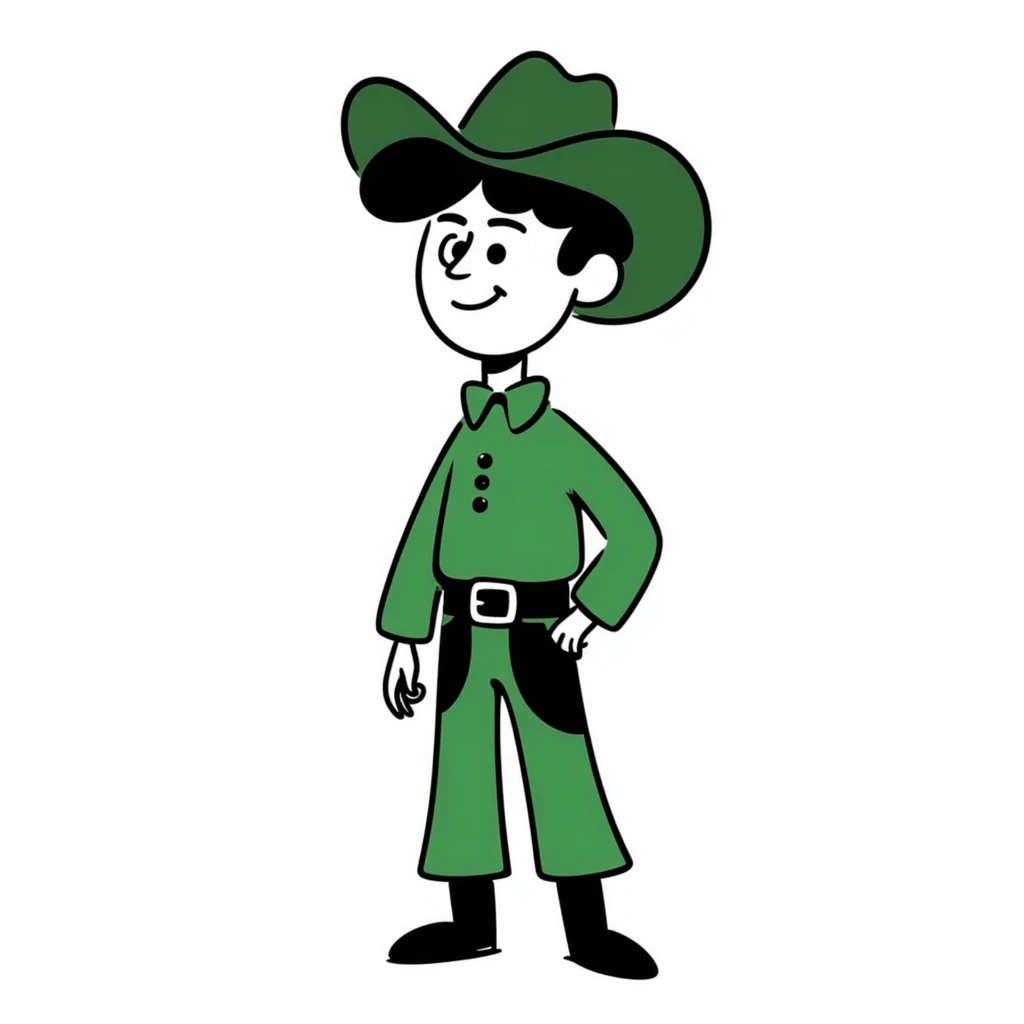 Hand-drawn cowboy character with green shirt, green pants, and matching green cowboy hat, western style emoji