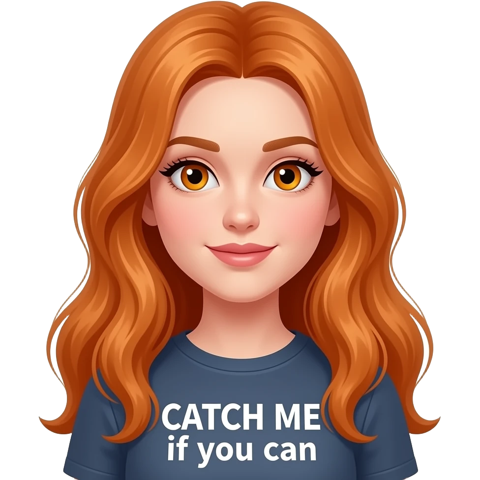 sexy girl with long ginger hair and ginger eyes a top with CATCH ME if you can written on it emoji