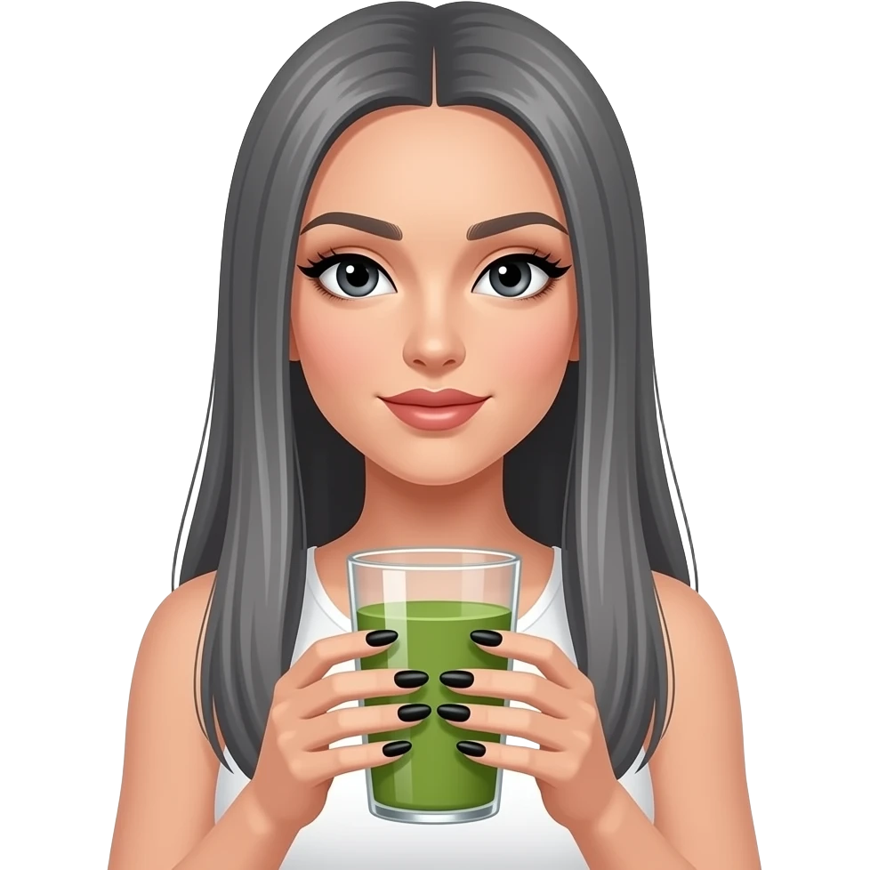 lady with black eyes and extremely long straight grey hair, no bangs, long black nails, holding a HUGE matcha, and wearing a white top emoji