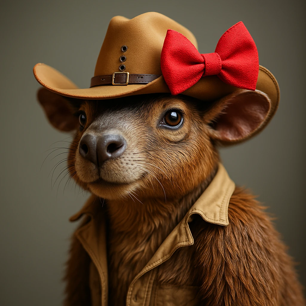 Add a red bow to the capybara wearing a cowboy hat, in a realistic and detailed style, with the same background as the original. The style should be photorealistic and highly detailed. emoji