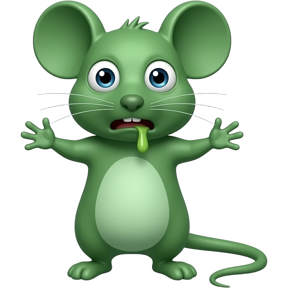 A little green mouse standing upright, with arms and legs that look like those of a little person, staring at us with repulsive face on its face. He's going to throw up .The mouse’s body is entirely green. emoji