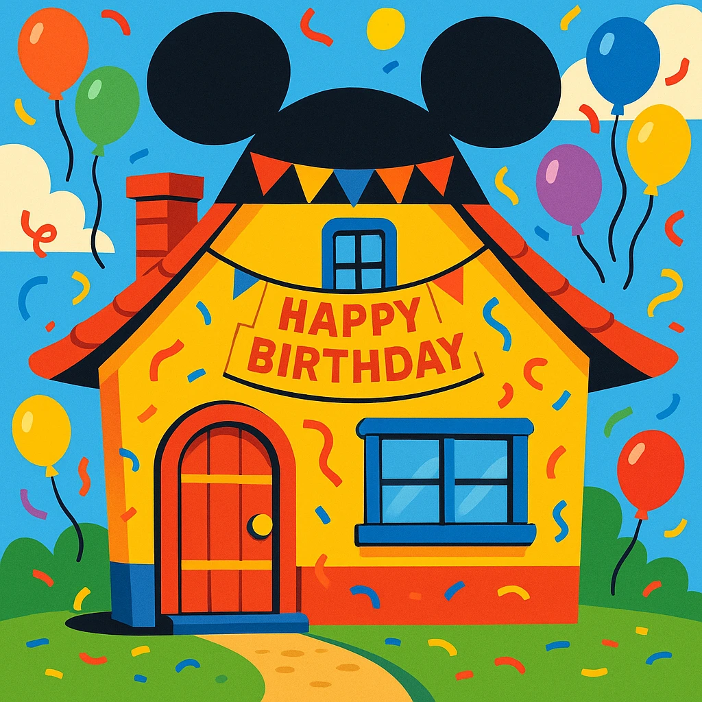 Cartoon house with Mickey Mouse ears, birthday decorations, colorful balloons and confetti emoji