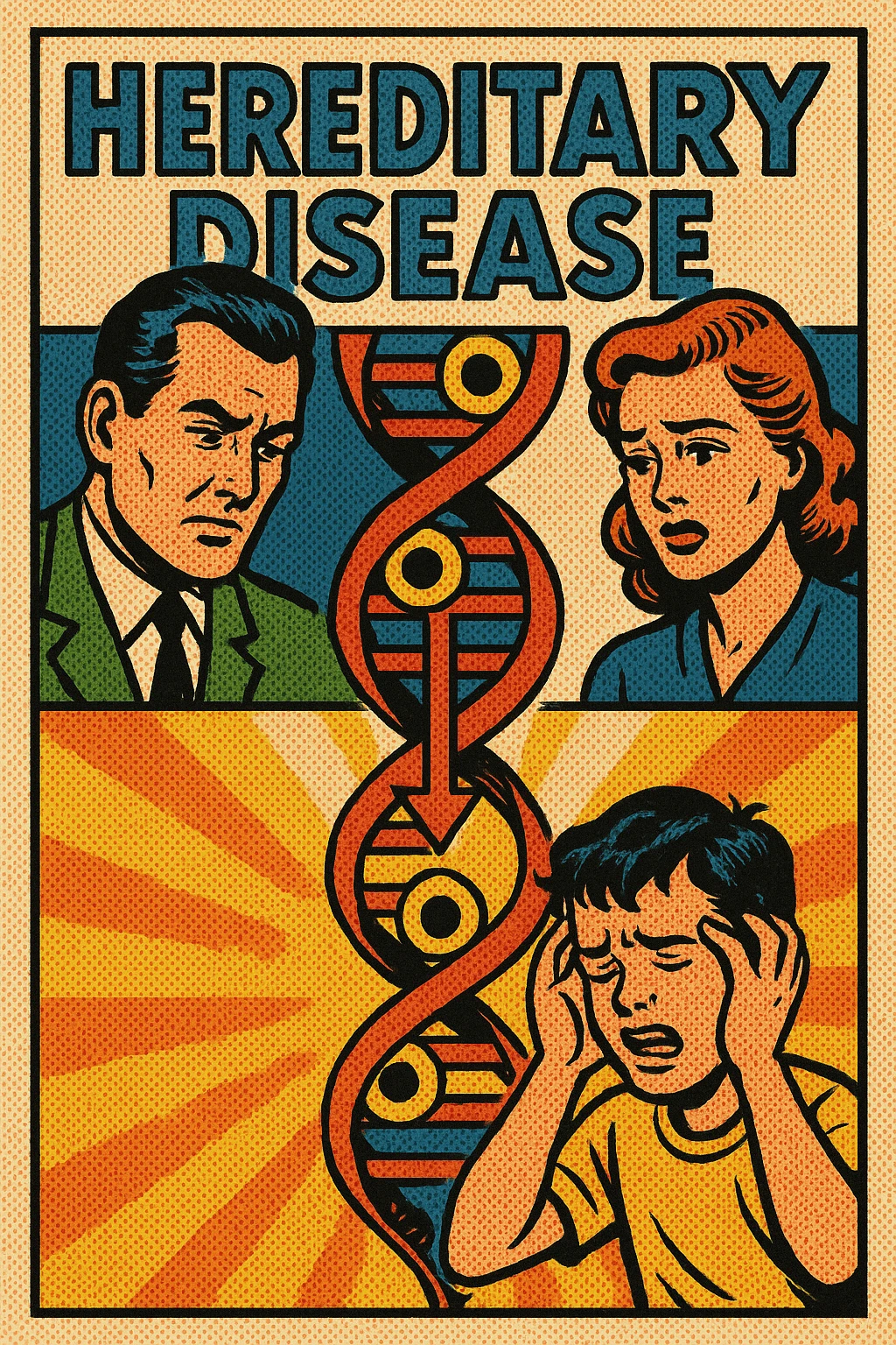 A poster showing how hereditary diseases are passed down through DNA from parents to their child emoji