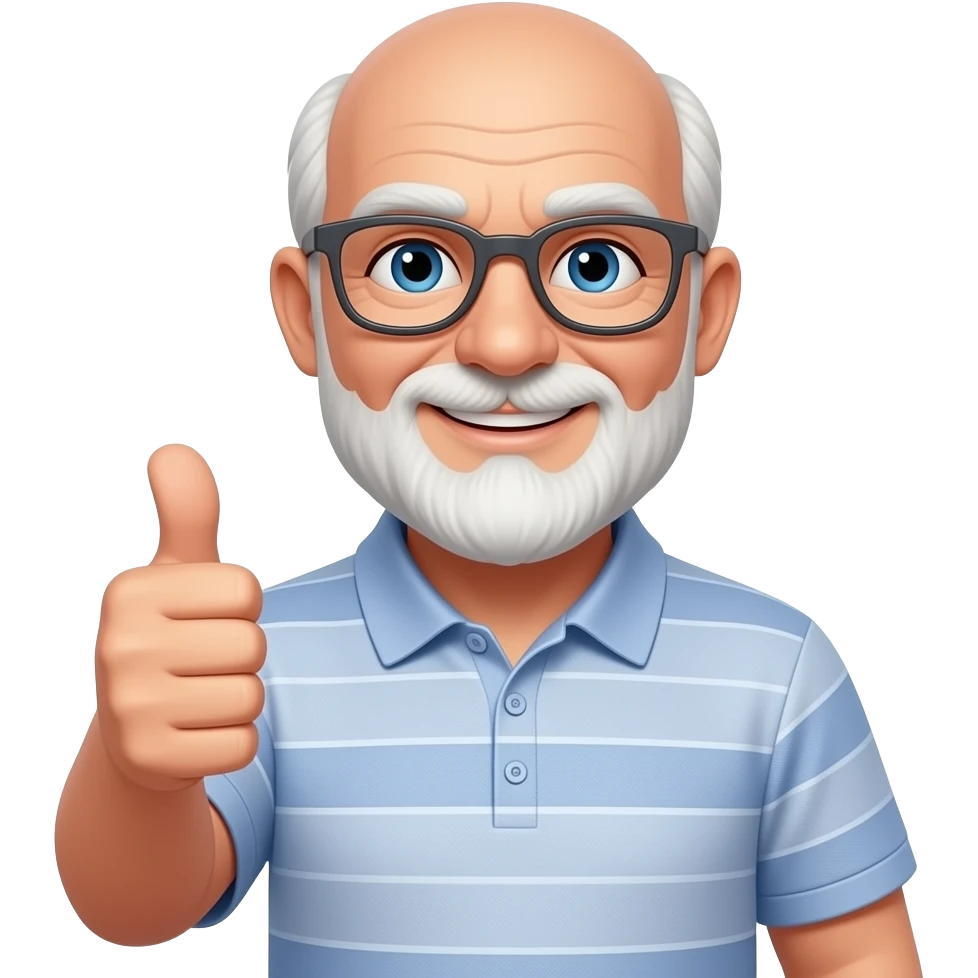 old bald man with white beard, blue eyes, dark gray glasses, thumbs up, golf polo shirt, smiling emoji