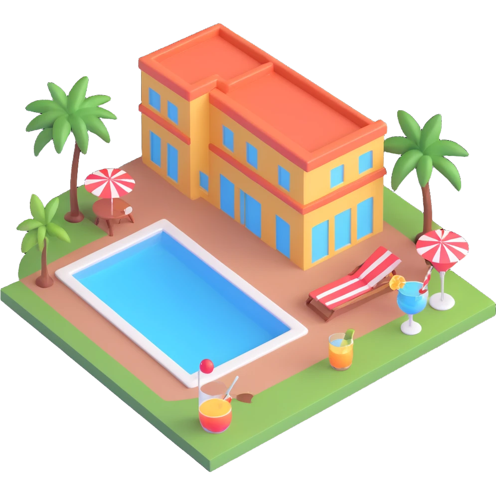 a hotel with a pool and a cocktail emoji