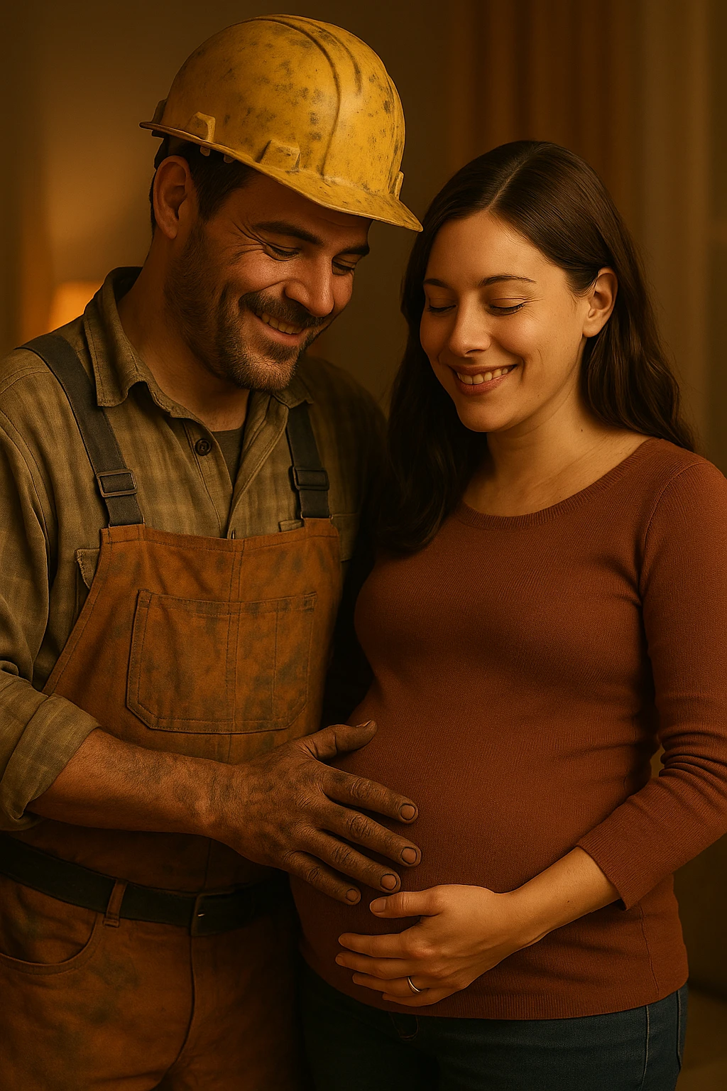 Vertical format, construction worker and pregnant wife sharing a quiet moment after repair, both smiling. Version 1. emoji