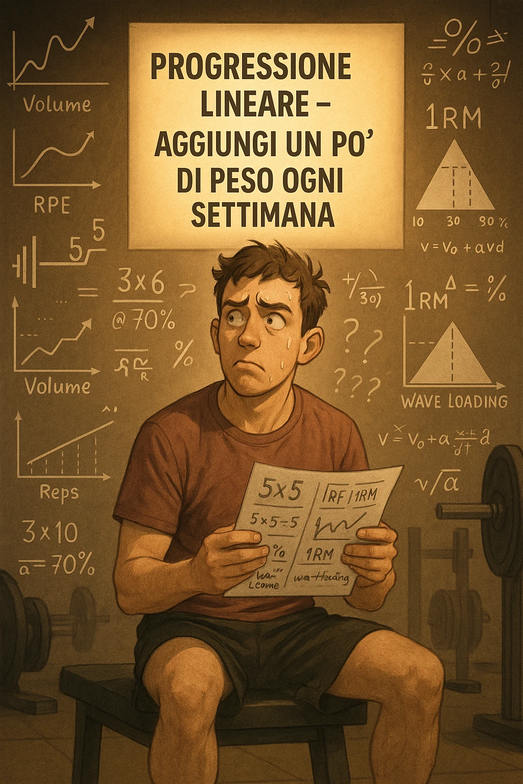 Neofita in palestra, visibilmente confuso, seduto su una panca con in mano un foglio pieno di schemi complicati, numeri, percentuali e sigle (tipo 5x5, RPE, 1RM, wave loading, ecc). Ha un’espressione perplessa, guarda in tutte le direzioni. Intorno a lui appaiono in aria grafici intricati, metodi diversi, formule complicate. Ma sullo sfondo, in modo semplice e luminoso, c'è un cartello che dice: 'Progressione lineare – Aggiungi un po’ di peso ogni settimana'. La luce calda illumina proprio quel messaggio semplice. Contrasto visivo forte tra la confusione e la chiarezza. Stile realistico o illustrato, atmosfera educativa e motivazionale. emoji
