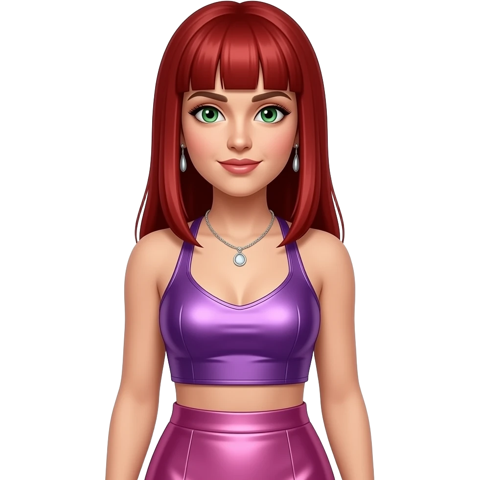 Carmit Bachar with green eyes, long red straight bang hair, purple metallic halter crop top, pink metallic long skirt, necklace and earrings emoji