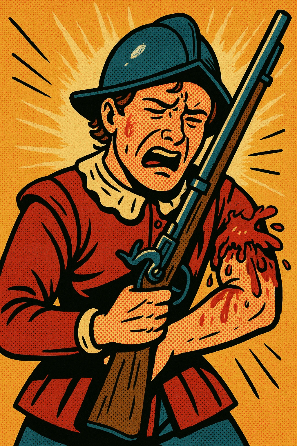 A young English soldier from the 1500s with a musket facing forward - face on. The soldier is in pain as he has a bad gunshot wound to his arm emoji